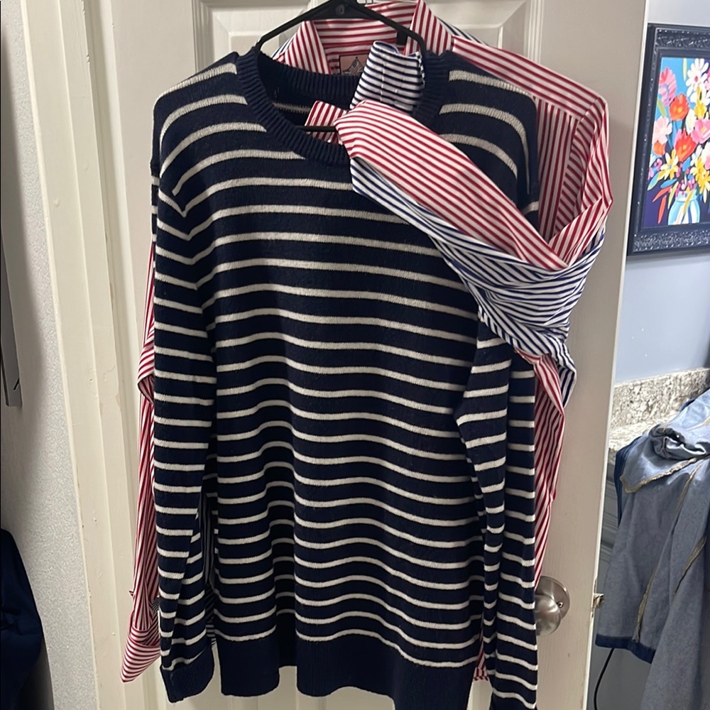 Blue and White Crewneck Sweater by J. Crew and two shirts by Thomas Pink